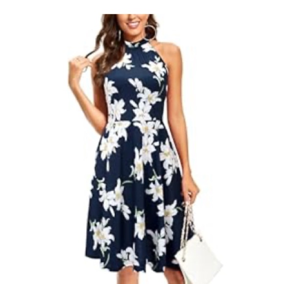 Floral Halter Dress - Navy And White